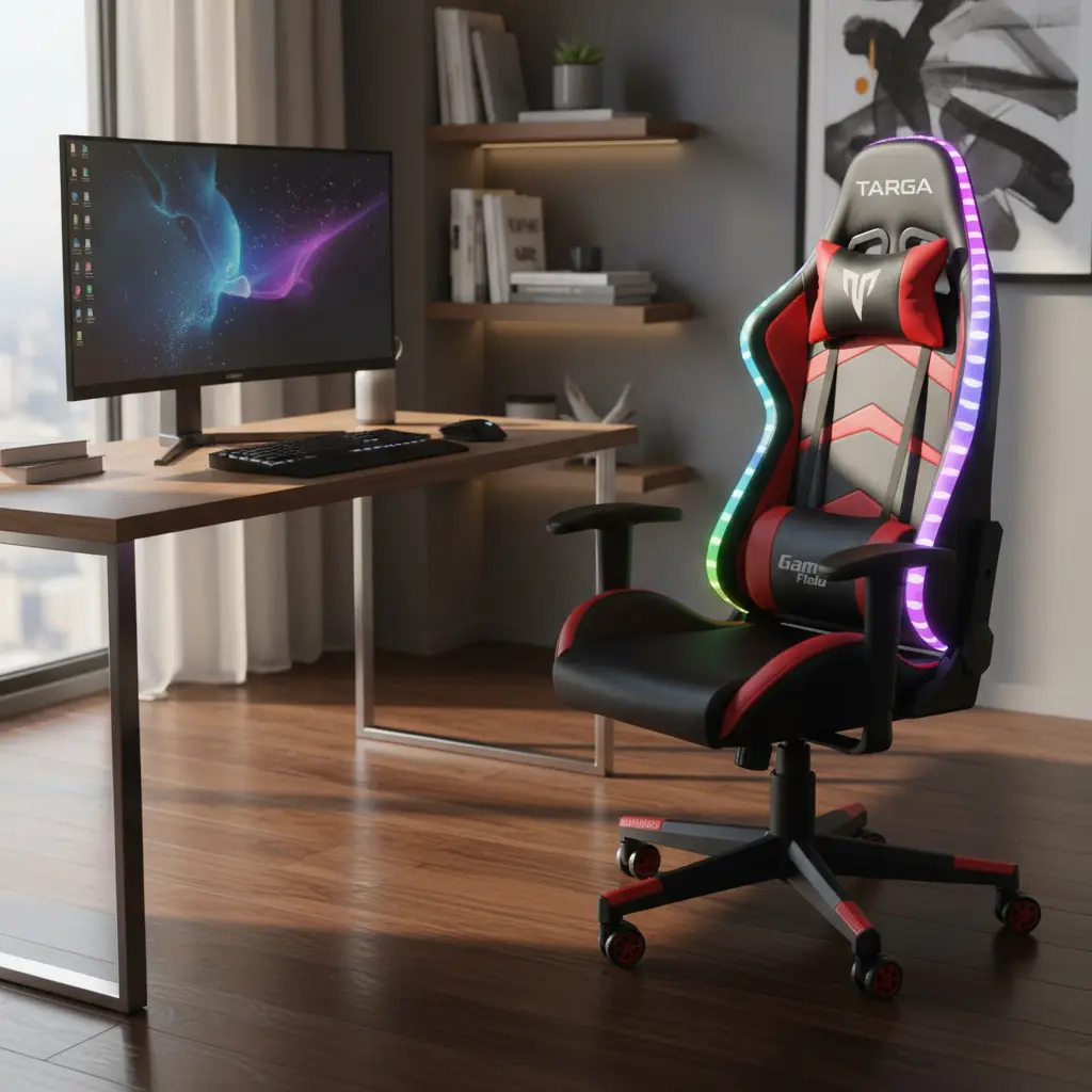 Silla Gamer Targa Warrior Pro FX Roja Cuero Sintético Ergonómica Ruedas RGB