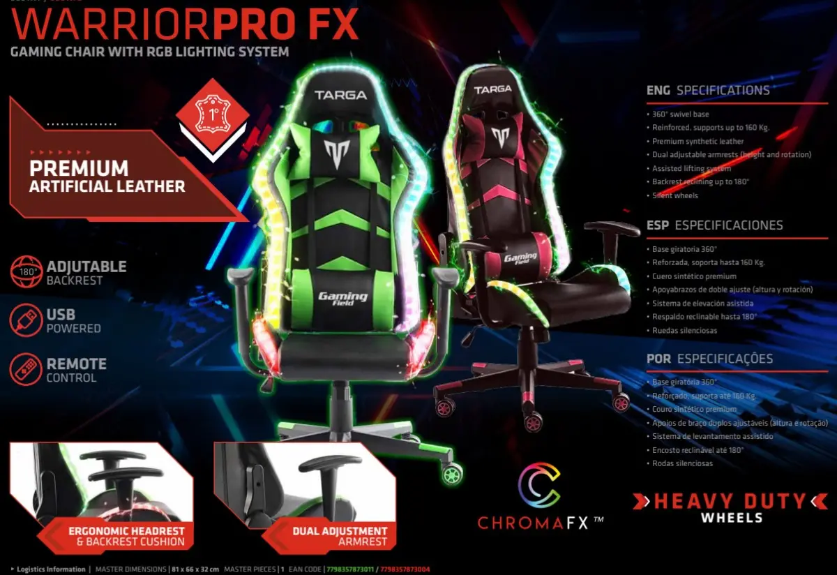 Silla Gamer Targa Warrior Pro FX Roja Cuero Sintético Ergonómica Ruedas RGB