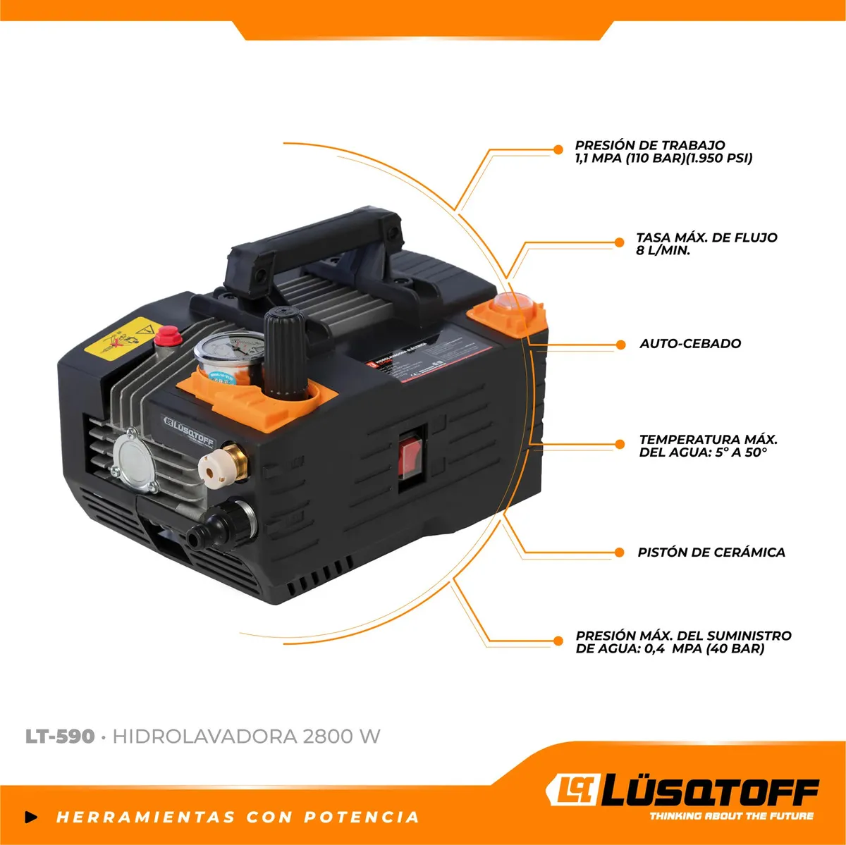 Hidrolavadora eléctrica Lüsqtoff LT-590 negra de 2200W con 1900psi de presión máxima 50Hz Color Negro