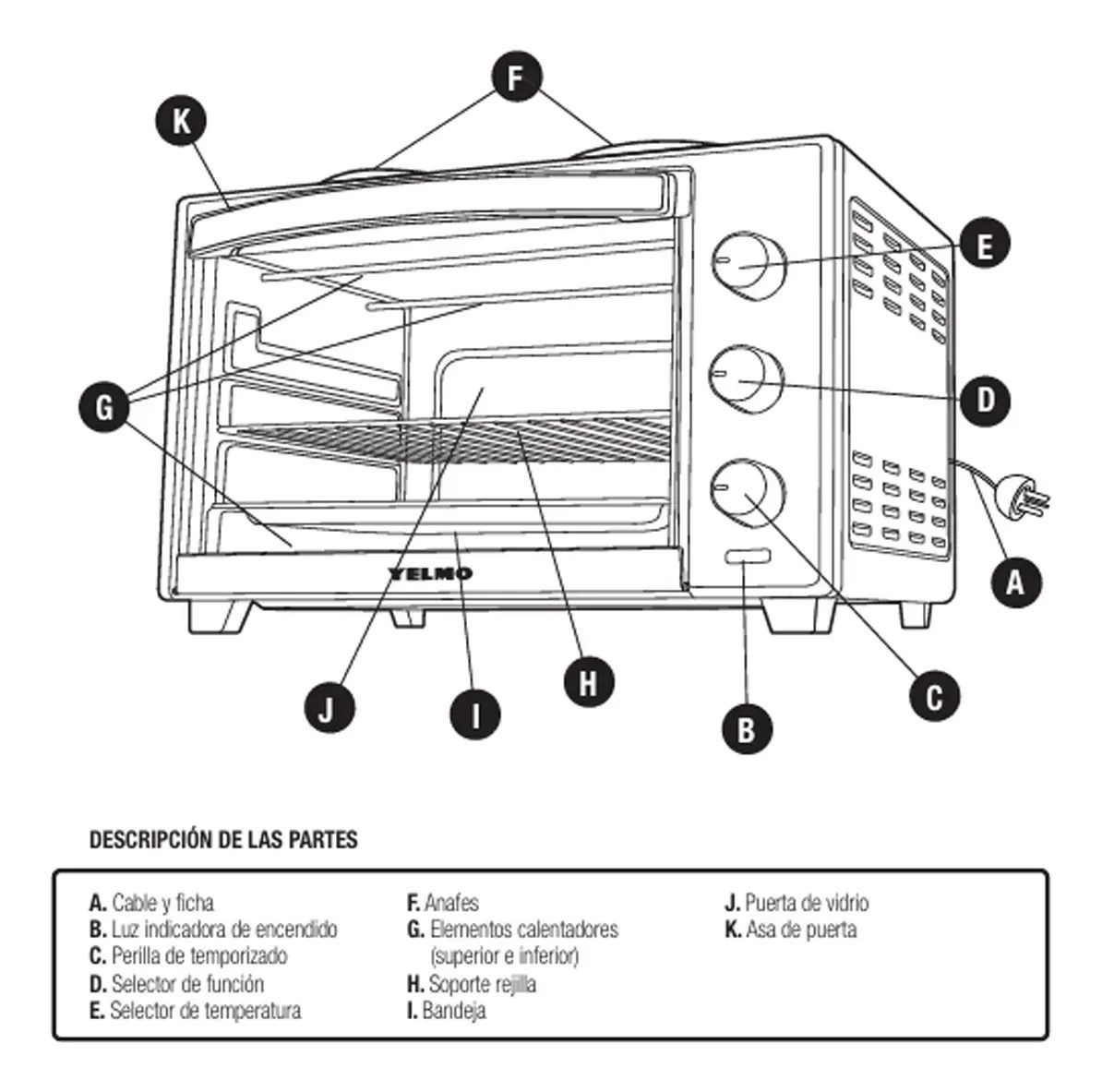Horno Eléctrico De Mesa Yelmo 45 Litros Yl-45an 1600W Doble Anafe Negro Grill