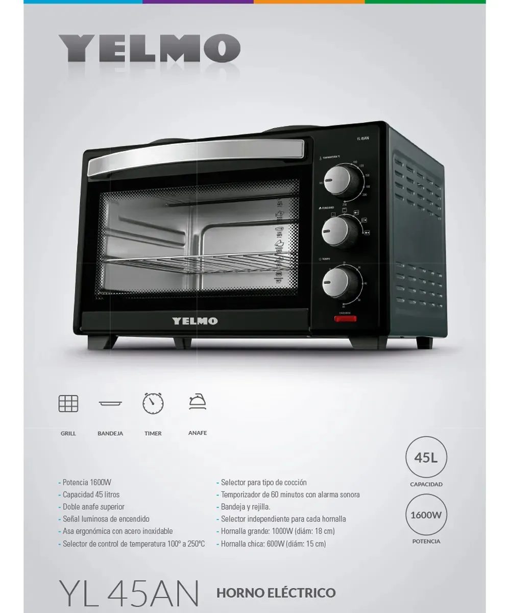 Horno Eléctrico De Mesa Yelmo 45 Litros Yl-45an 1600W Doble Anafe Negro Grill