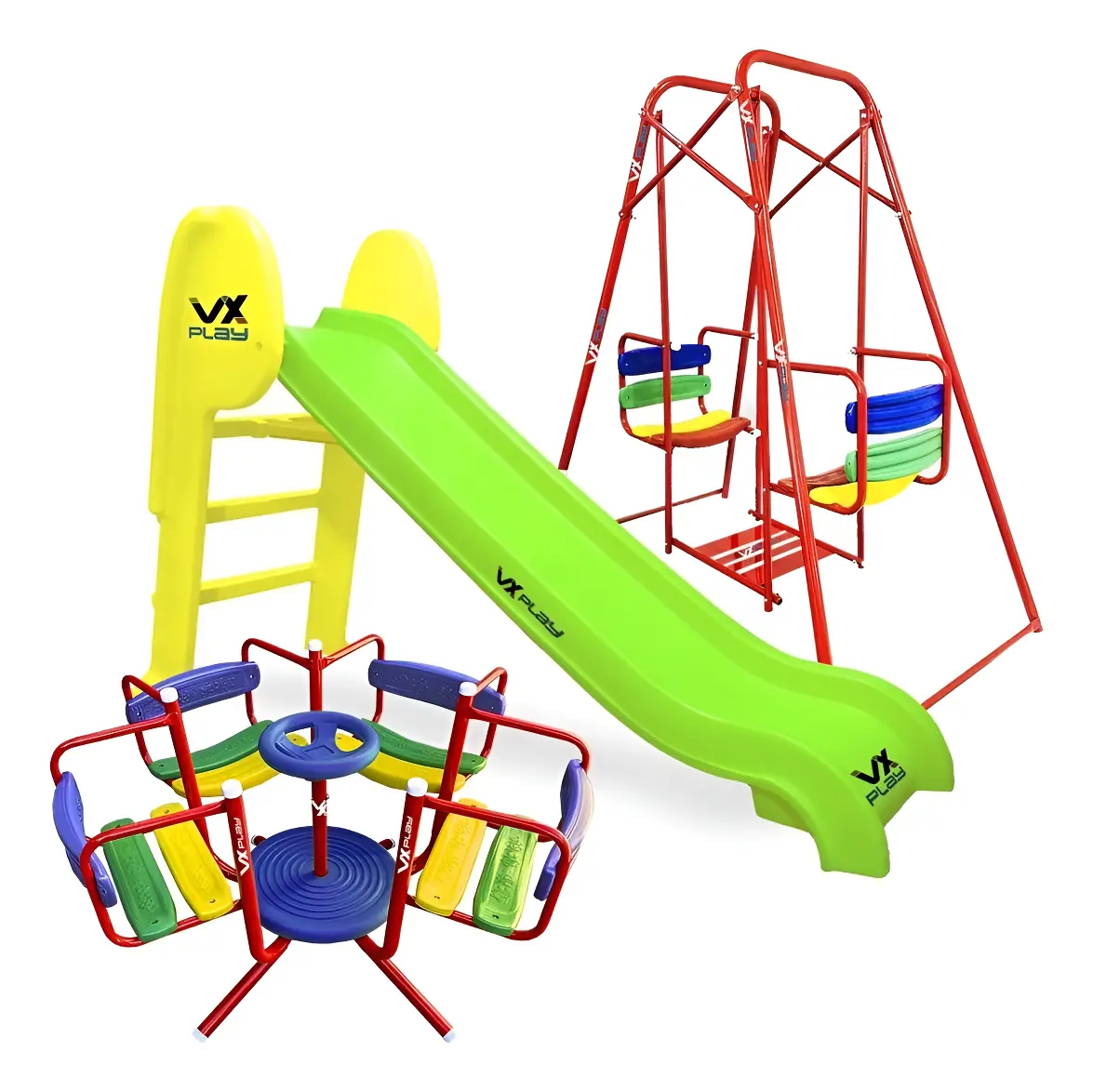 Combo Calesita Tobogan 3 Esc Plegable Hamaca Gemela Vxplay Color Tobogan Verde - Amarillo
