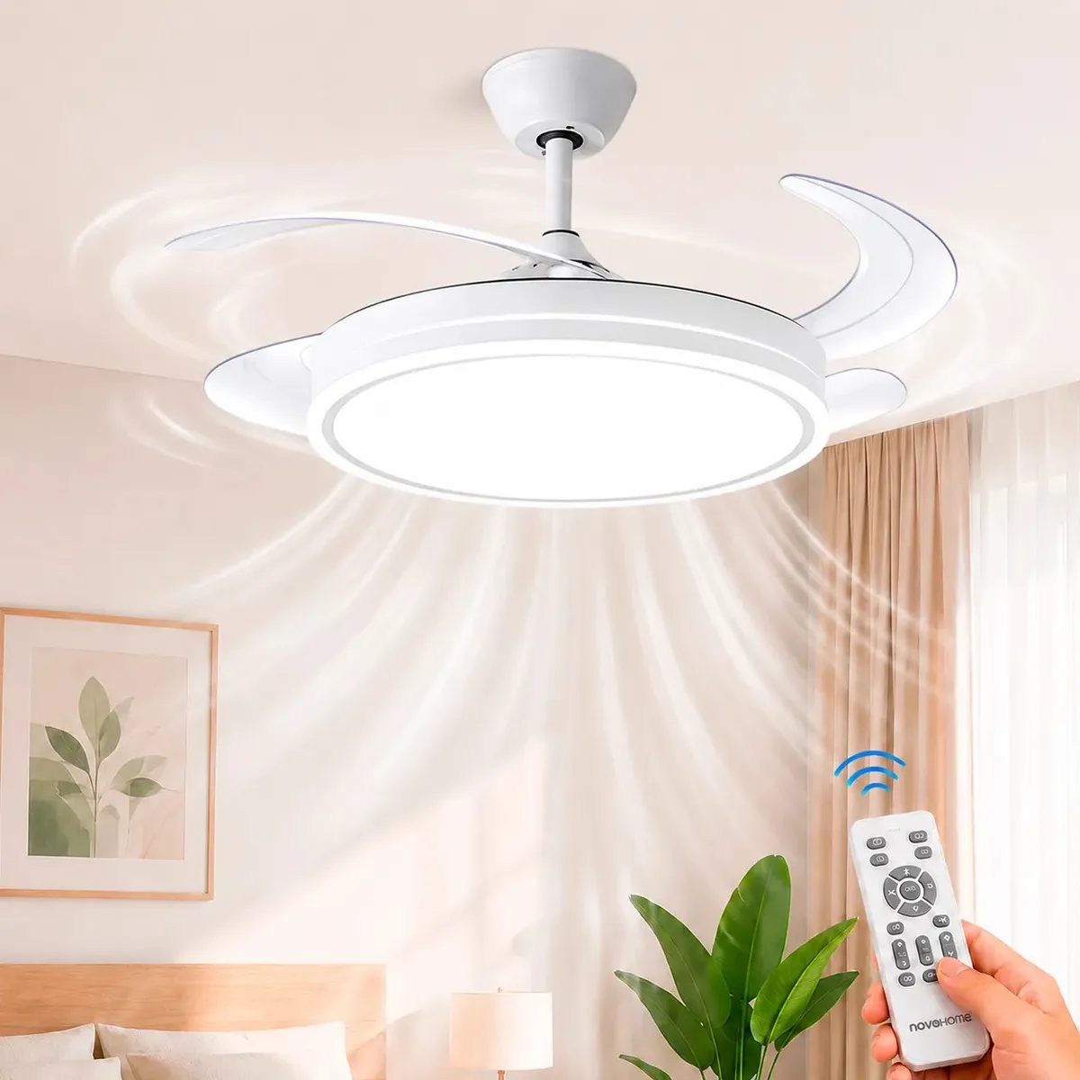 Ventilador Retractil De Techo Novohome Luz Calida Fria Neutra 6 Velocidades 4 aspas Color Blanco