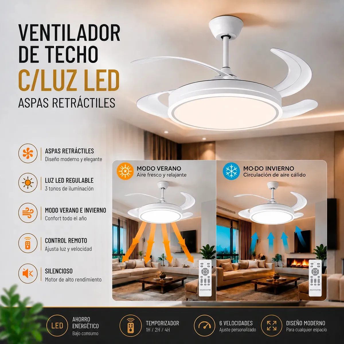 Ventilador Retractil De Techo Novohome Luz Calida Fria Neutra 6 Velocidades 4 aspas Color Blanco
