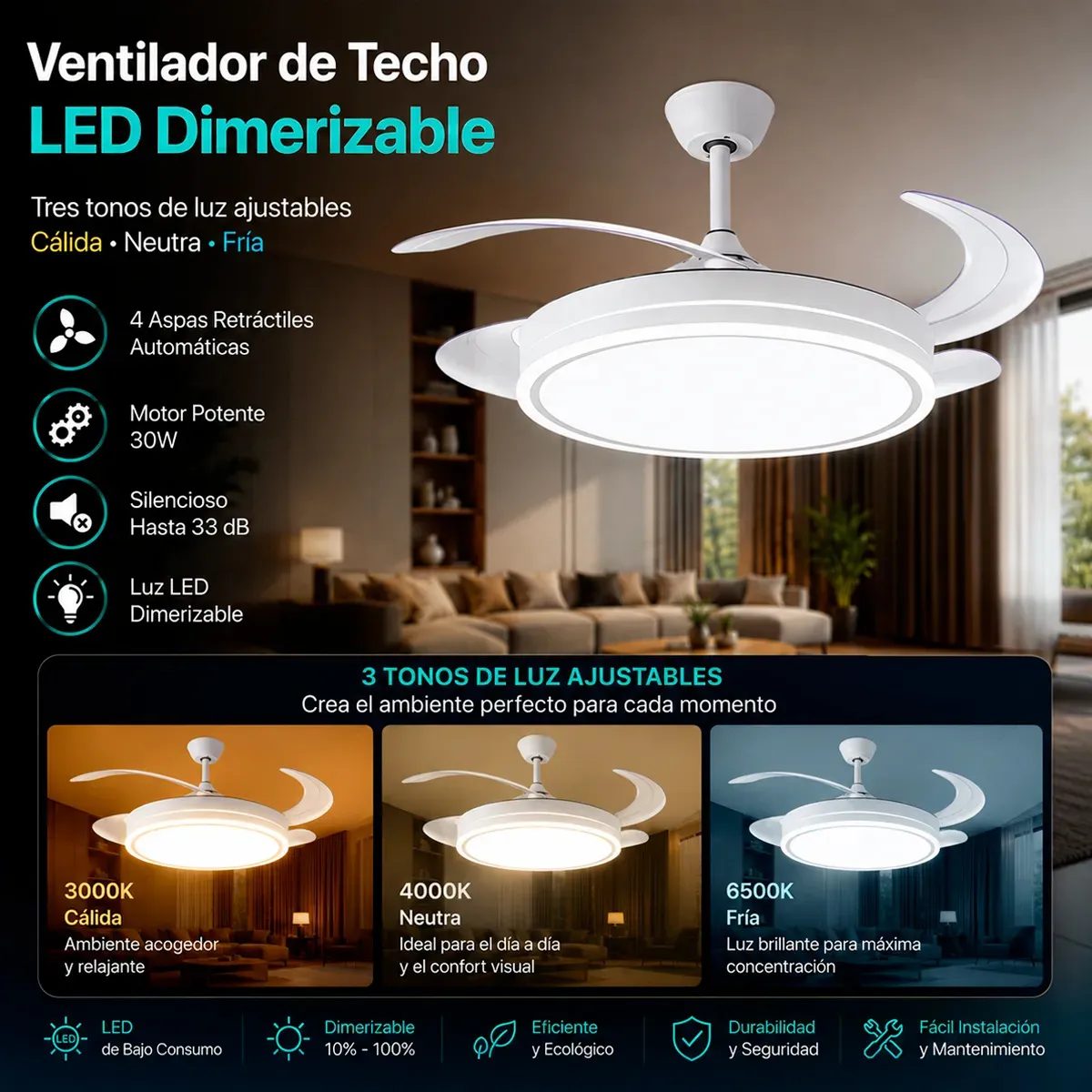 Ventilador Retractil De Techo Novohome Luz Calida Fria Neutra 6 Velocidades 4 aspas Color Blanco