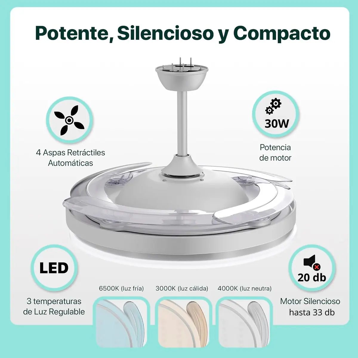 Ventilador Retractil De Techo Novohome Luz Calida Fria Neutra 6 Velocidades 4 aspas Color Blanco