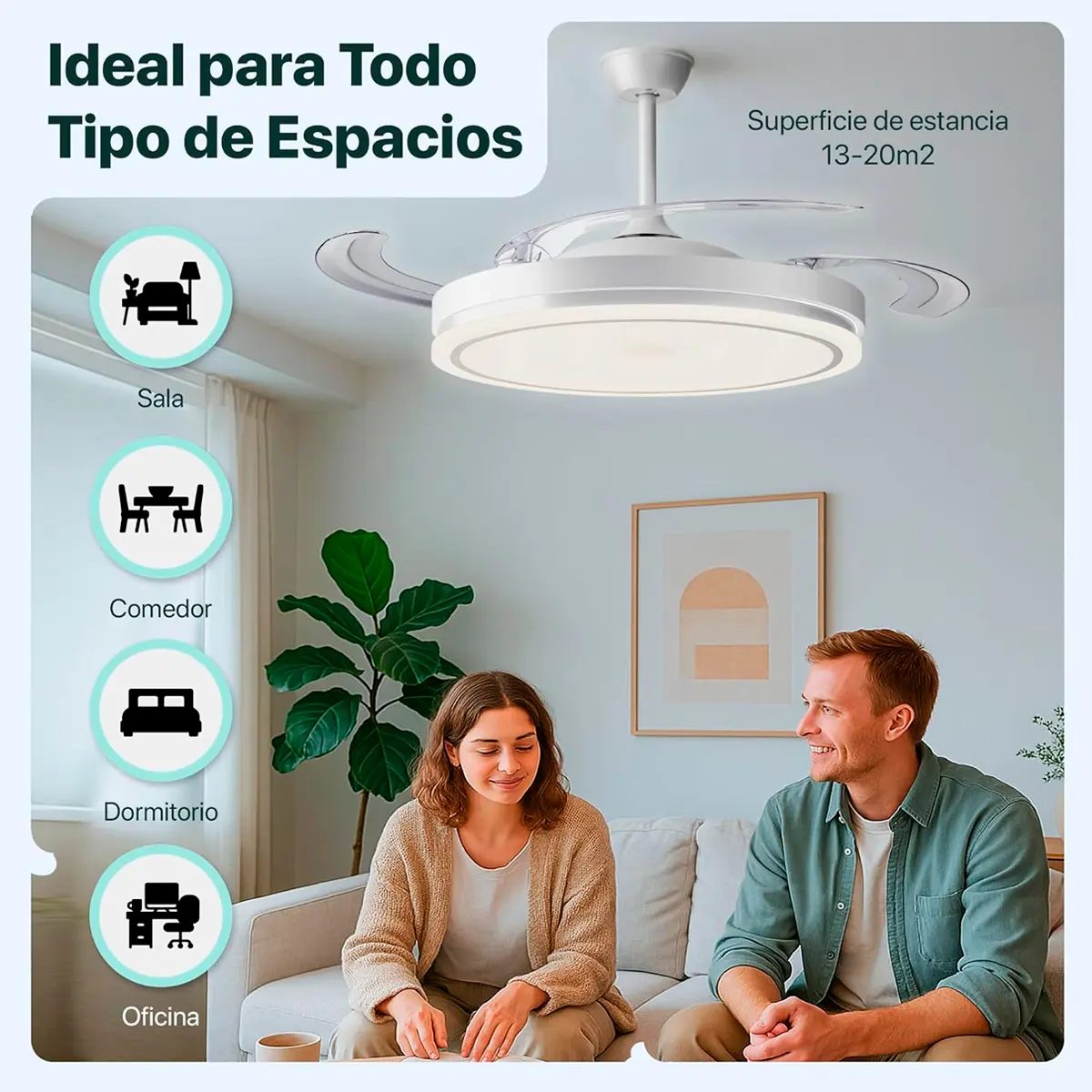 Ventilador Retractil De Techo Novohome Luz Calida Fria Neutra 6 Velocidades 4 aspas Color Blanco