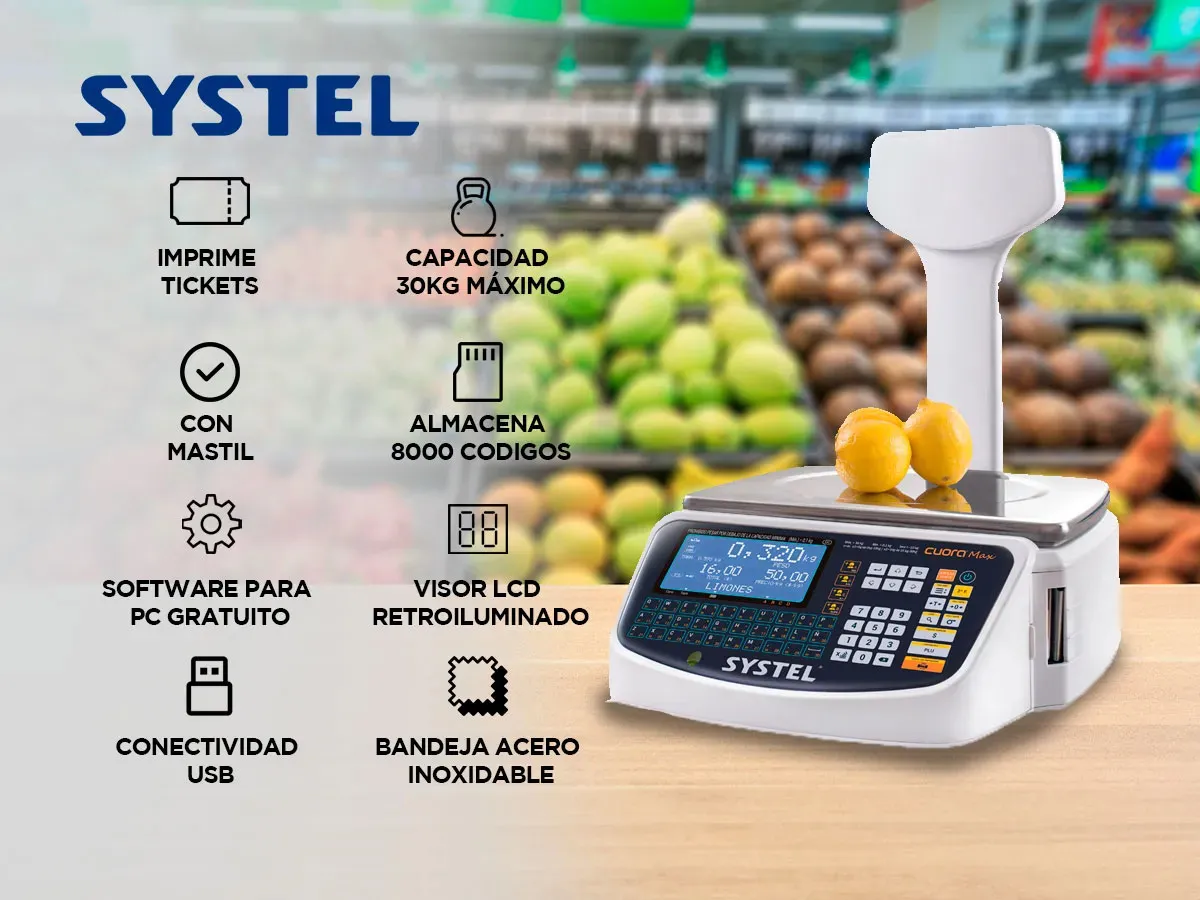 Balanza Comercial Systel Cuora Max ST 30kg Mastil Ticket Digital USB Software PC Reportes
