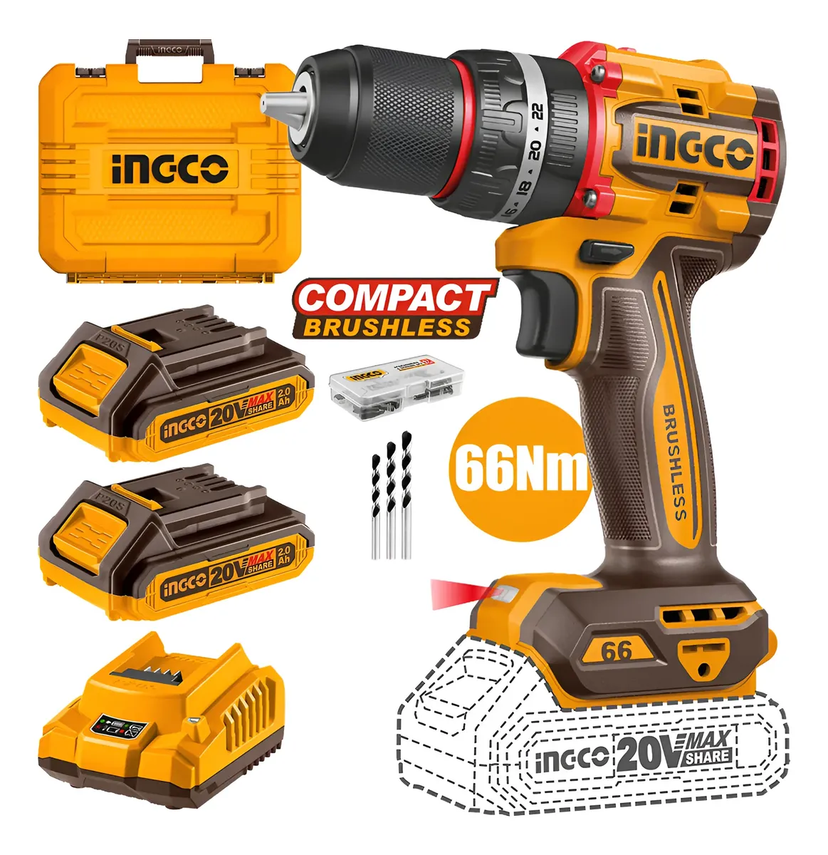 Atornillador Taladro Percutor Inalam Bl 20v 66nm Ingco + Acc