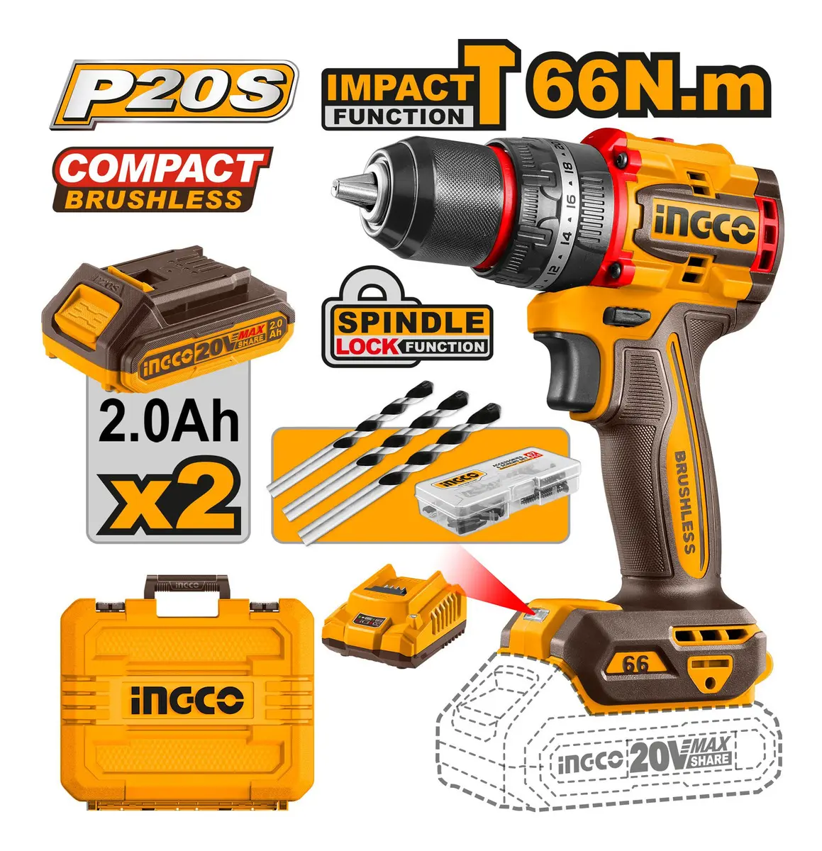 Atornillador Taladro Percutor Inalam Bl 20v 66nm Ingco + Acc