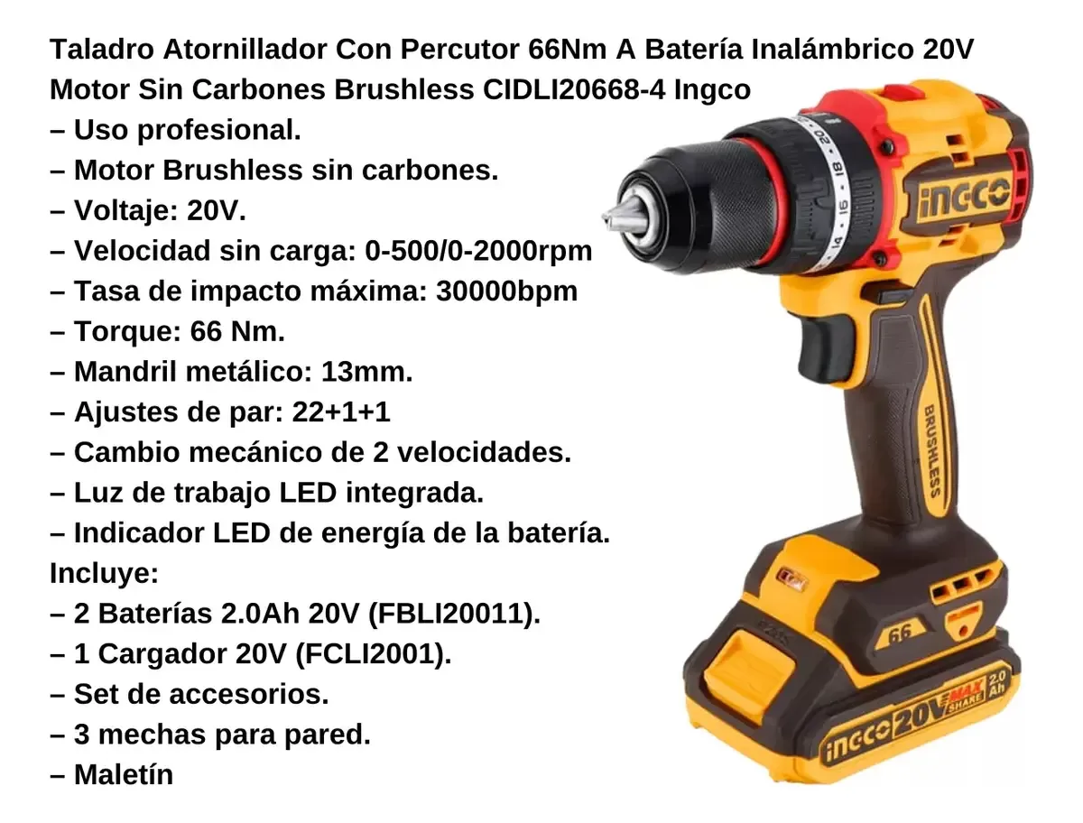 Atornillador Taladro Percutor Inalam Bl 20v 66nm Ingco + Acc